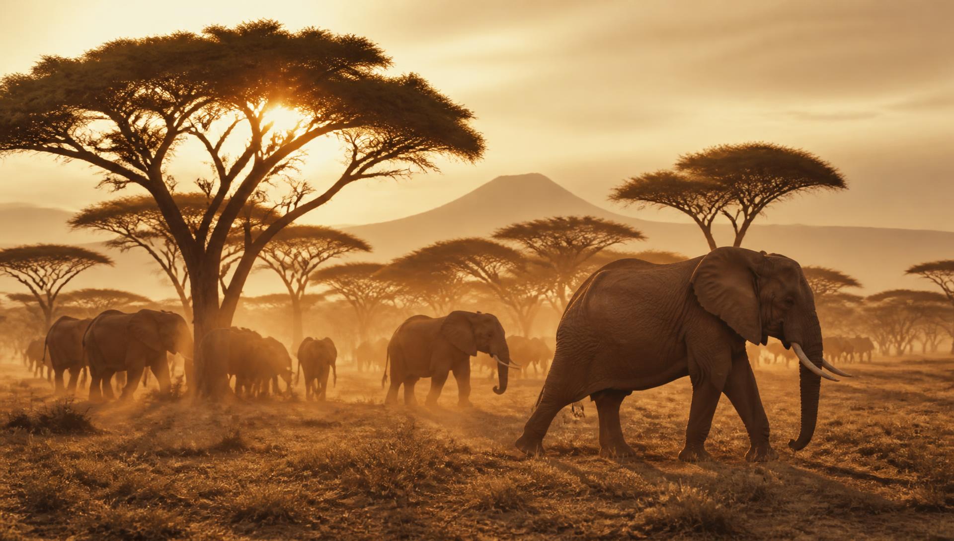 Manada de elefantes al atardecer en la sabana de África del Este